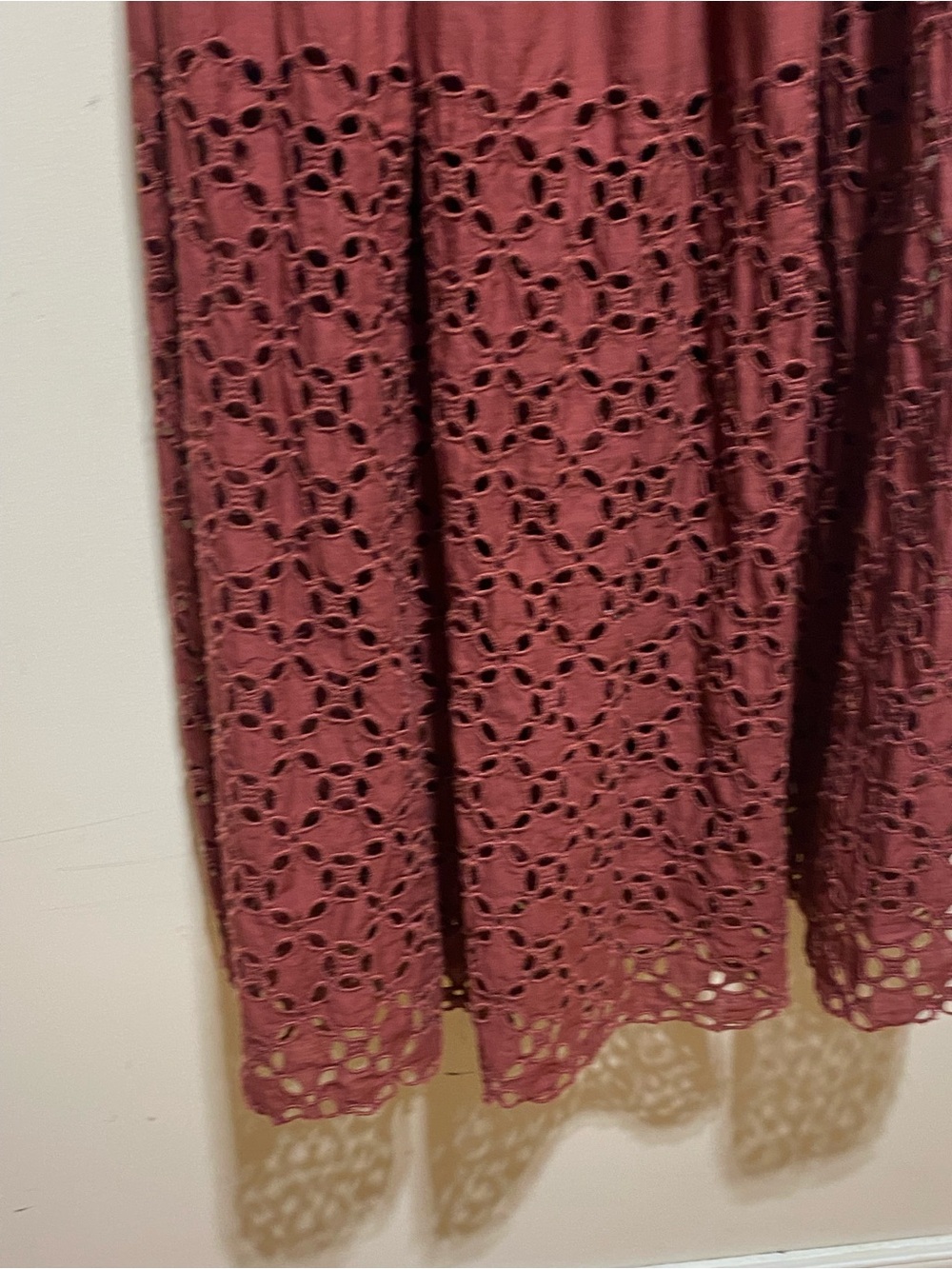 Free People “The Perfect Storm” Midi Dress Eyelet Smocked Cotton Burgundy Size L - Picture 7 of 11